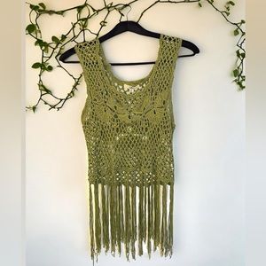 Ya Los Angeles Green Crochet Macrame Tank with Fringe Tassels